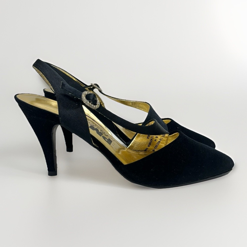 Vintage 90s PM Collection 925 Black Rhinestone Buckle Slingback Pumps Heels Sz 6 - Picture 1 of 13